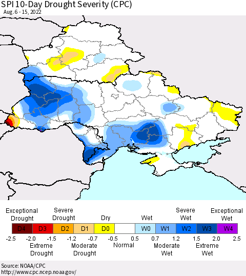 Ukraine, Moldova and Belarus SPI 10-Day Drought Severity (CPC) Thematic Map For 8/6/2022 - 8/15/2022