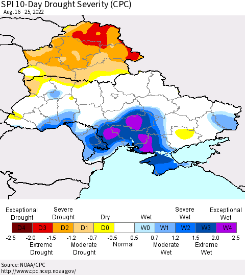 Ukraine, Moldova and Belarus SPI 10-Day Drought Severity (CPC) Thematic Map For 8/16/2022 - 8/25/2022