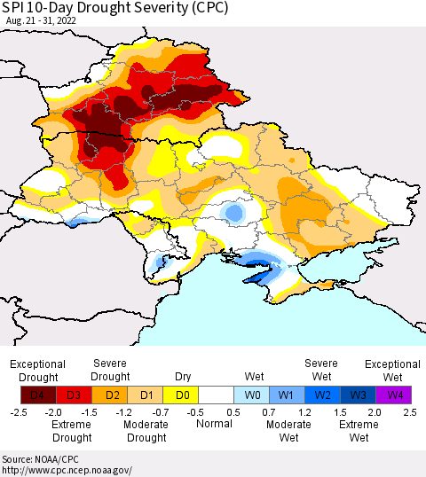 Ukraine, Moldova and Belarus SPI 10-Day Drought Severity (CPC) Thematic Map For 8/21/2022 - 8/31/2022