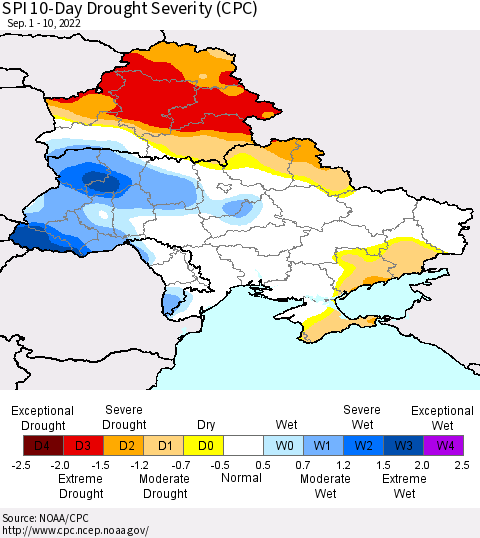 Ukraine, Moldova and Belarus SPI 10-Day Drought Severity (CPC) Thematic Map For 9/1/2022 - 9/10/2022