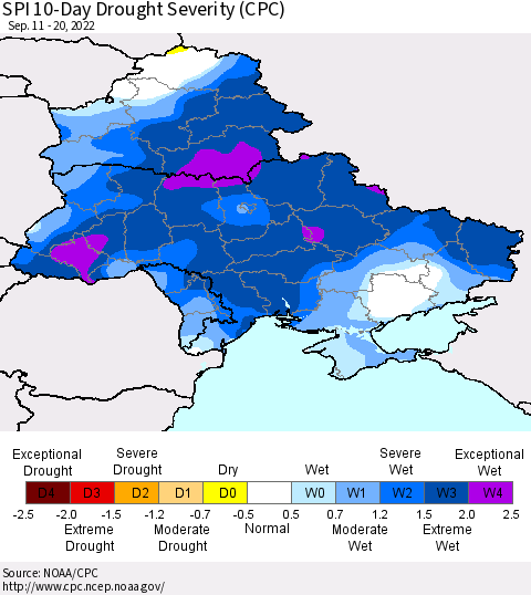 Ukraine, Moldova and Belarus SPI 10-Day Drought Severity (CPC) Thematic Map For 9/11/2022 - 9/20/2022