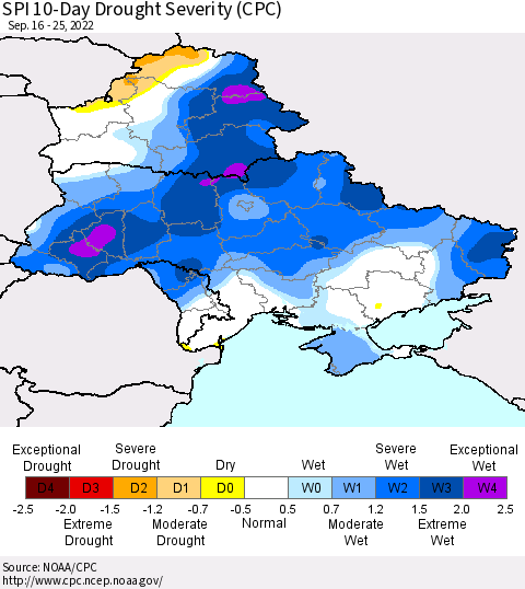 Ukraine, Moldova and Belarus SPI 10-Day Drought Severity (CPC) Thematic Map For 9/16/2022 - 9/25/2022