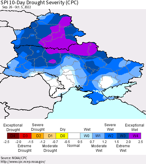 Ukraine, Moldova and Belarus SPI 10-Day Drought Severity (CPC) Thematic Map For 9/26/2022 - 10/5/2022