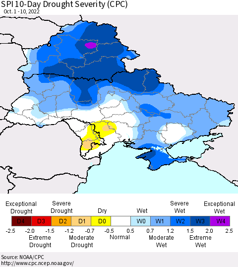 Ukraine, Moldova and Belarus SPI 10-Day Drought Severity (CPC) Thematic Map For 10/1/2022 - 10/10/2022