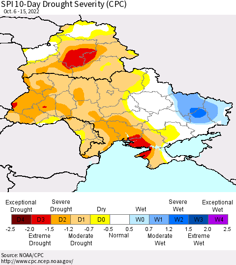Ukraine, Moldova and Belarus SPI 10-Day Drought Severity (CPC) Thematic Map For 10/6/2022 - 10/15/2022