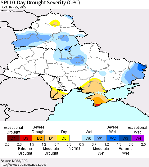 Ukraine, Moldova and Belarus SPI 10-Day Drought Severity (CPC) Thematic Map For 10/16/2022 - 10/25/2022