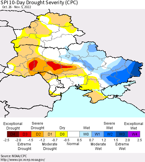 Ukraine, Moldova and Belarus SPI 10-Day Drought Severity (CPC) Thematic Map For 10/26/2022 - 11/5/2022
