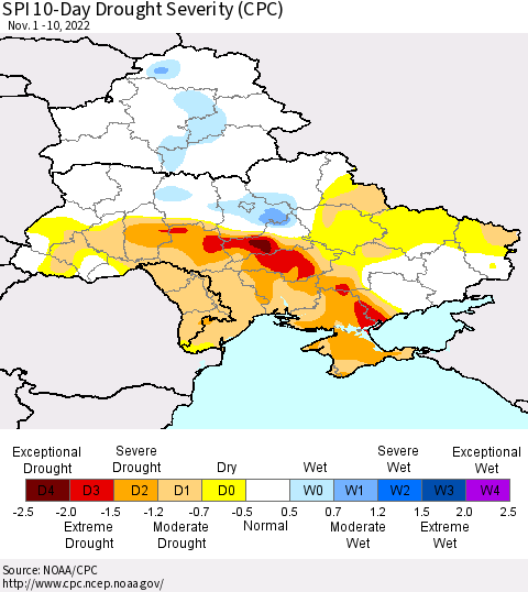 Ukraine, Moldova and Belarus SPI 10-Day Drought Severity (CPC) Thematic Map For 11/1/2022 - 11/10/2022