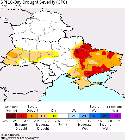 Ukraine, Moldova and Belarus SPI 10-Day Drought Severity (CPC) Thematic Map For 11/6/2022 - 11/15/2022