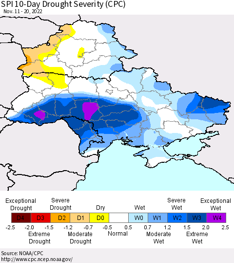 Ukraine, Moldova and Belarus SPI 10-Day Drought Severity (CPC) Thematic Map For 11/11/2022 - 11/20/2022