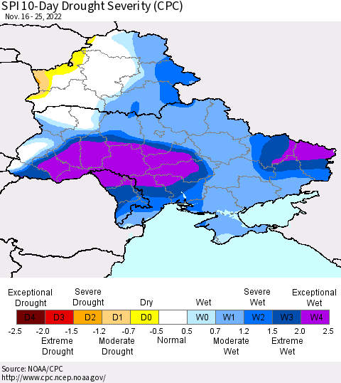 Ukraine, Moldova and Belarus SPI 10-Day Drought Severity (CPC) Thematic Map For 11/16/2022 - 11/25/2022