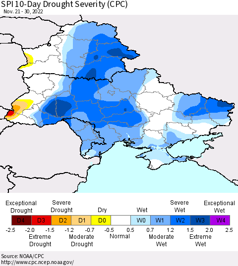 Ukraine, Moldova and Belarus SPI 10-Day Drought Severity (CPC) Thematic Map For 11/21/2022 - 11/30/2022