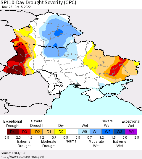 Ukraine, Moldova and Belarus SPI 10-Day Drought Severity (CPC) Thematic Map For 11/26/2022 - 12/5/2022