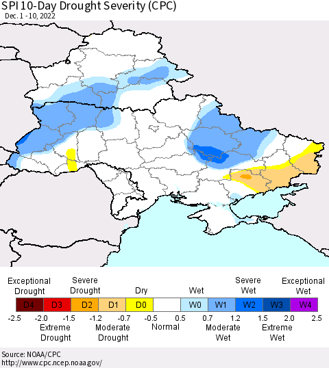 Ukraine, Moldova and Belarus SPI 10-Day Drought Severity (CPC) Thematic Map For 12/1/2022 - 12/10/2022