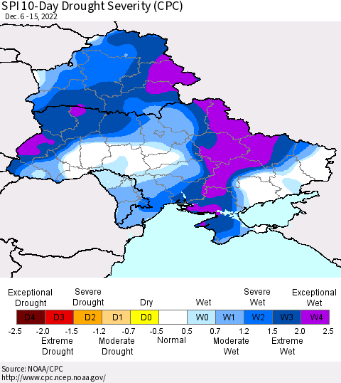 Ukraine, Moldova and Belarus SPI 10-Day Drought Severity (CPC) Thematic Map For 12/6/2022 - 12/15/2022