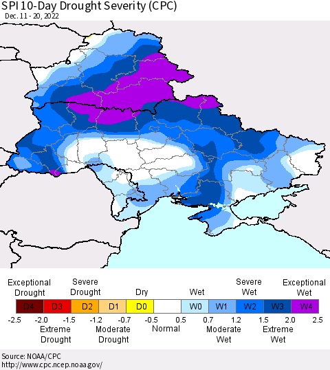 Ukraine, Moldova and Belarus SPI 10-Day Drought Severity (CPC) Thematic Map For 12/11/2022 - 12/20/2022