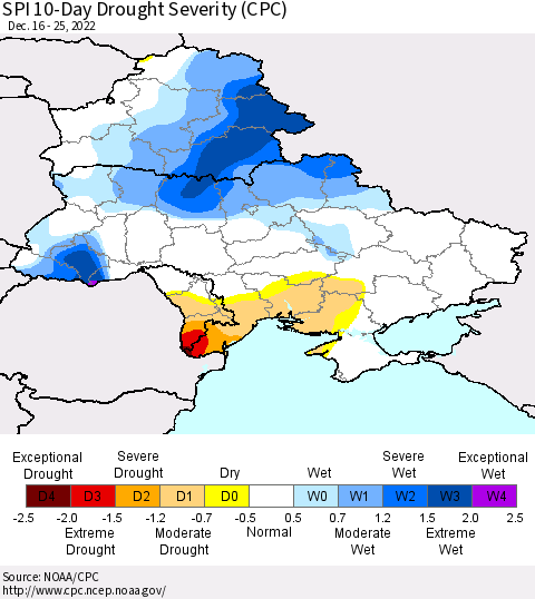 Ukraine, Moldova and Belarus SPI 10-Day Drought Severity (CPC) Thematic Map For 12/16/2022 - 12/25/2022