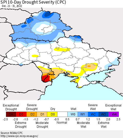 Ukraine, Moldova and Belarus SPI 10-Day Drought Severity (CPC) Thematic Map For 12/21/2022 - 12/31/2022