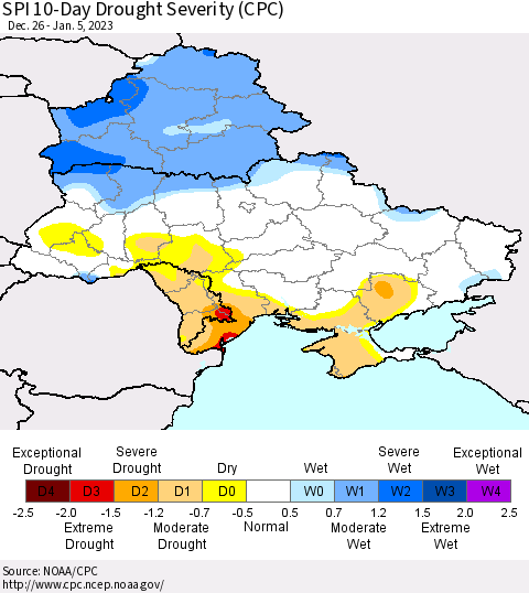 Ukraine, Moldova and Belarus SPI 10-Day Drought Severity (CPC) Thematic Map For 12/26/2022 - 1/5/2023