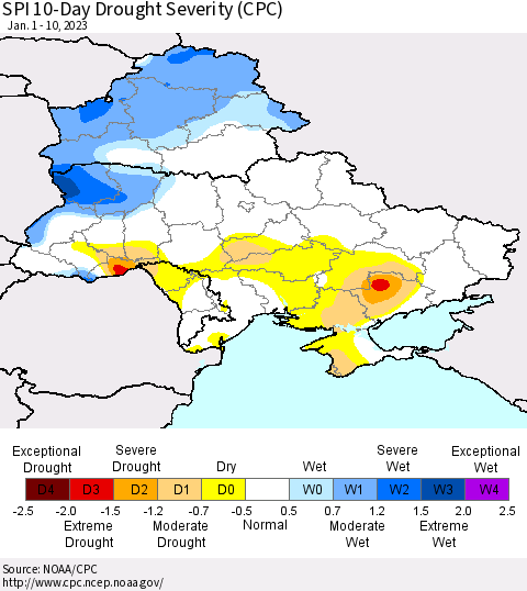 Ukraine, Moldova and Belarus SPI 10-Day Drought Severity (CPC) Thematic Map For 1/1/2023 - 1/10/2023