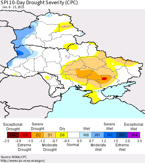 Ukraine, Moldova and Belarus SPI 10-Day Drought Severity (CPC) Thematic Map For 1/6/2023 - 1/15/2023
