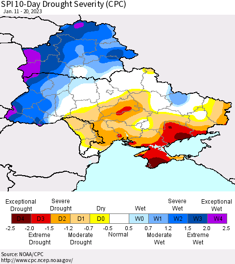 Ukraine, Moldova and Belarus SPI 10-Day Drought Severity (CPC) Thematic Map For 1/11/2023 - 1/20/2023
