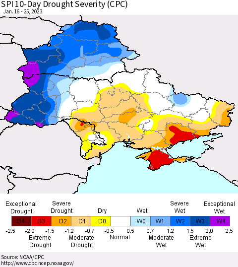 Ukraine, Moldova and Belarus SPI 10-Day Drought Severity (CPC) Thematic Map For 1/16/2023 - 1/25/2023
