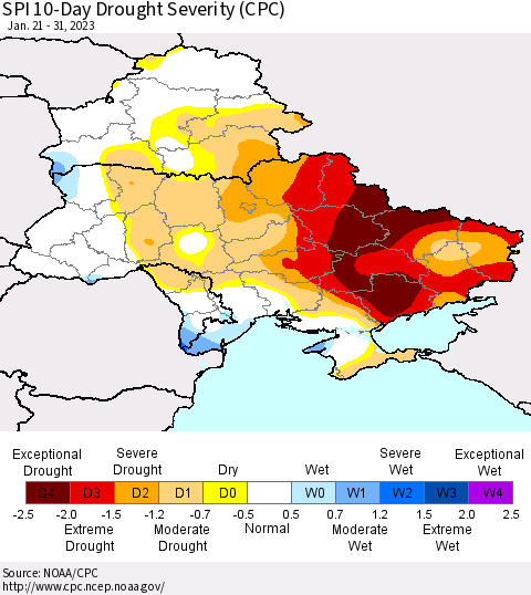 Ukraine, Moldova and Belarus SPI 10-Day Drought Severity (CPC) Thematic Map For 1/21/2023 - 1/31/2023
