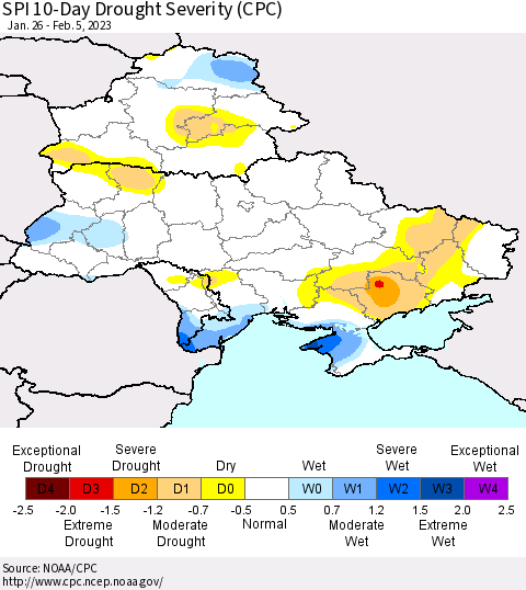 Ukraine, Moldova and Belarus SPI 10-Day Drought Severity (CPC) Thematic Map For 1/26/2023 - 2/5/2023