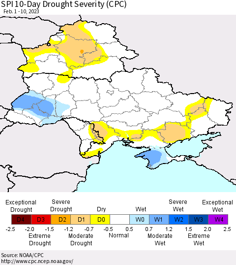 Ukraine, Moldova and Belarus SPI 10-Day Drought Severity (CPC) Thematic Map For 2/1/2023 - 2/10/2023