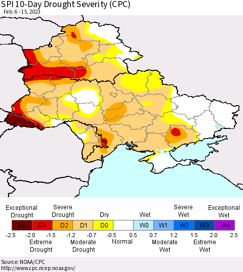 Ukraine, Moldova and Belarus SPI 10-Day Drought Severity (CPC) Thematic Map For 2/6/2023 - 2/15/2023