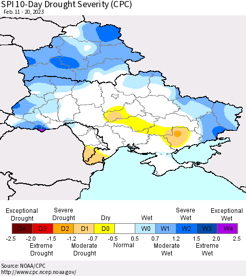 Ukraine, Moldova and Belarus SPI 10-Day Drought Severity (CPC) Thematic Map For 2/11/2023 - 2/20/2023