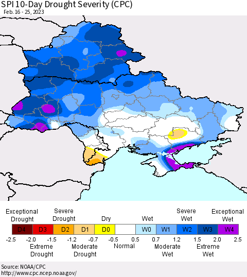 Ukraine, Moldova and Belarus SPI 10-Day Drought Severity (CPC) Thematic Map For 2/16/2023 - 2/25/2023