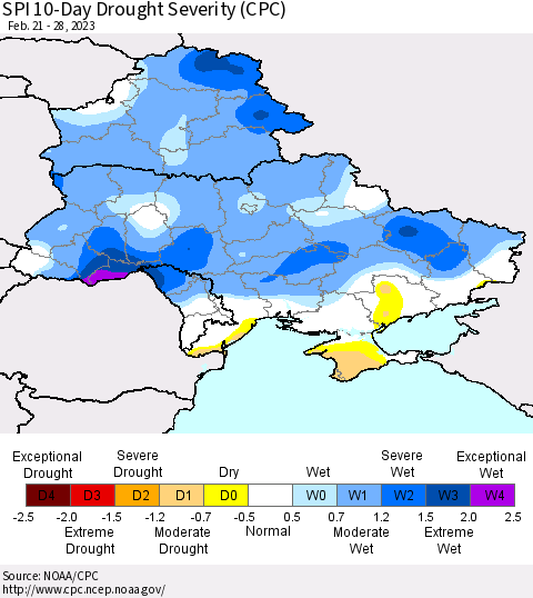 Ukraine, Moldova and Belarus SPI 10-Day Drought Severity (CPC) Thematic Map For 2/21/2023 - 2/28/2023