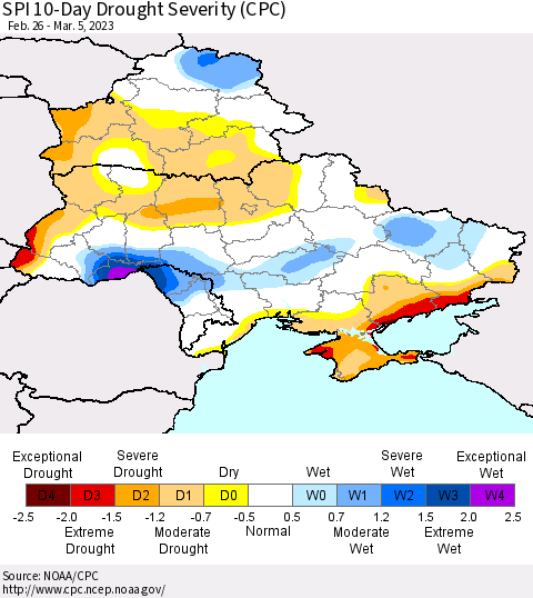Ukraine, Moldova and Belarus SPI 10-Day Drought Severity (CPC) Thematic Map For 2/26/2023 - 3/5/2023