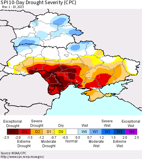 Ukraine, Moldova and Belarus SPI 10-Day Drought Severity (CPC) Thematic Map For 3/1/2023 - 3/10/2023