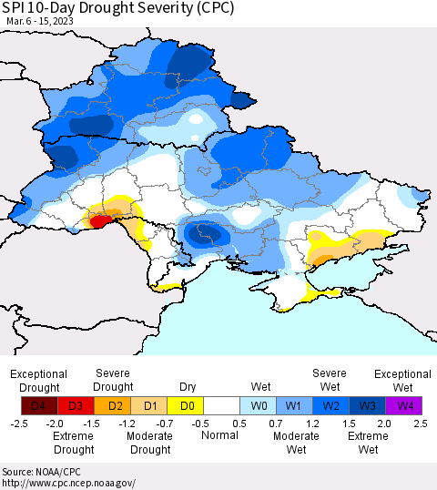 Ukraine, Moldova and Belarus SPI 10-Day Drought Severity (CPC) Thematic Map For 3/6/2023 - 3/15/2023