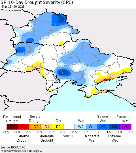 Ukraine, Moldova and Belarus SPI 10-Day Drought Severity (CPC) Thematic Map For 3/11/2023 - 3/20/2023