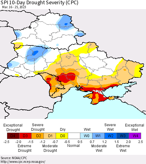 Ukraine, Moldova and Belarus SPI 10-Day Drought Severity (CPC) Thematic Map For 3/16/2023 - 3/25/2023