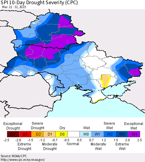 Ukraine, Moldova and Belarus SPI 10-Day Drought Severity (CPC) Thematic Map For 3/21/2023 - 3/31/2023