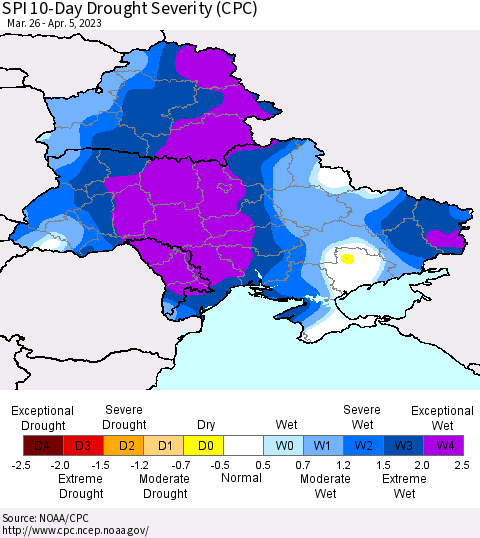 Ukraine, Moldova and Belarus SPI 10-Day Drought Severity (CPC) Thematic Map For 3/26/2023 - 4/5/2023