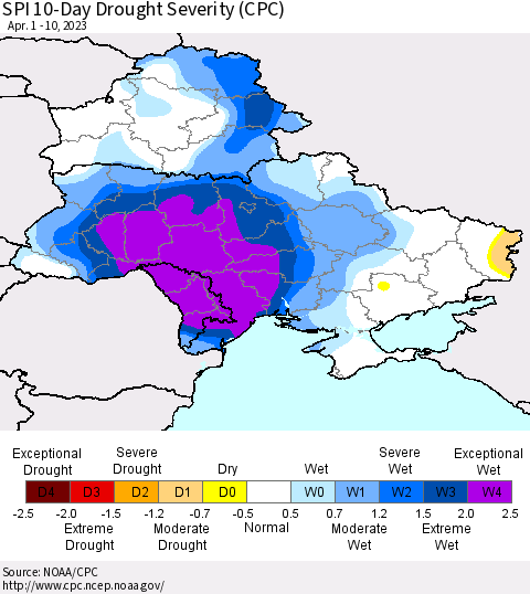 Ukraine, Moldova and Belarus SPI 10-Day Drought Severity (CPC) Thematic Map For 4/1/2023 - 4/10/2023