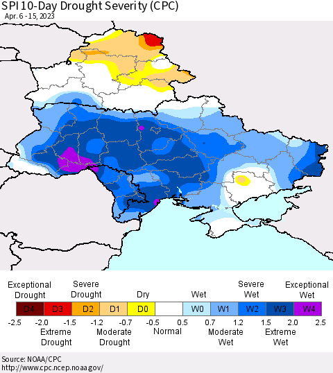 Ukraine, Moldova and Belarus SPI 10-Day Drought Severity (CPC) Thematic Map For 4/6/2023 - 4/15/2023