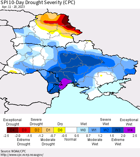Ukraine, Moldova and Belarus SPI 10-Day Drought Severity (CPC) Thematic Map For 4/11/2023 - 4/20/2023