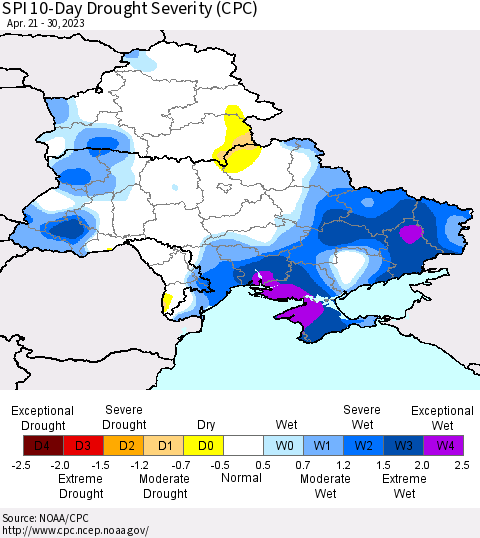 Ukraine, Moldova and Belarus SPI 10-Day Drought Severity (CPC) Thematic Map For 4/21/2023 - 4/30/2023