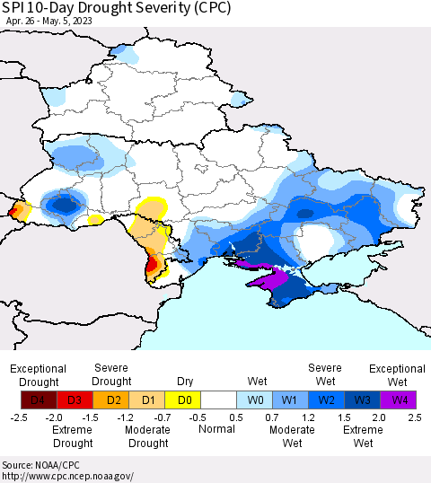 Ukraine, Moldova and Belarus SPI 10-Day Drought Severity (CPC) Thematic Map For 4/26/2023 - 5/5/2023