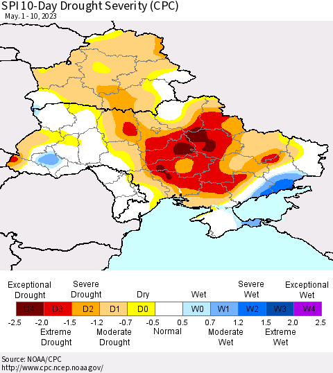 Ukraine, Moldova and Belarus SPI 10-Day Drought Severity (CPC) Thematic Map For 5/1/2023 - 5/10/2023