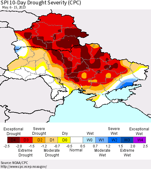Ukraine, Moldova and Belarus SPI 10-Day Drought Severity (CPC) Thematic Map For 5/6/2023 - 5/15/2023