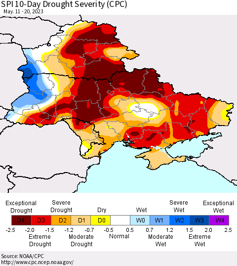 Ukraine, Moldova and Belarus SPI 10-Day Drought Severity (CPC) Thematic Map For 5/11/2023 - 5/20/2023