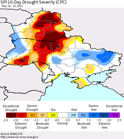 Ukraine, Moldova and Belarus SPI 10-Day Drought Severity (CPC) Thematic Map For 5/16/2023 - 5/25/2023